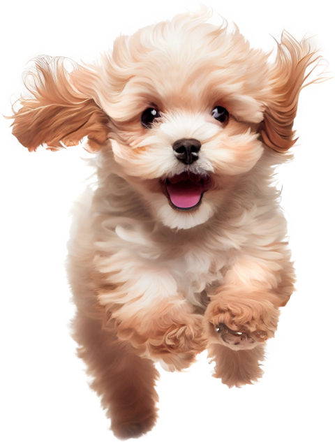 Playful puppy maltipoo dog running toward camera.